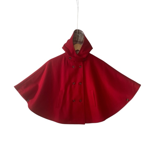 HOPE & HENRY sz Medium Girls Cape Double Breasted Pockets Tan Plaid Hood Lining - Picture 1 of 14